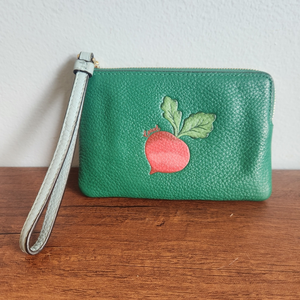 Green Leather Coach Wristlet with Radish Design